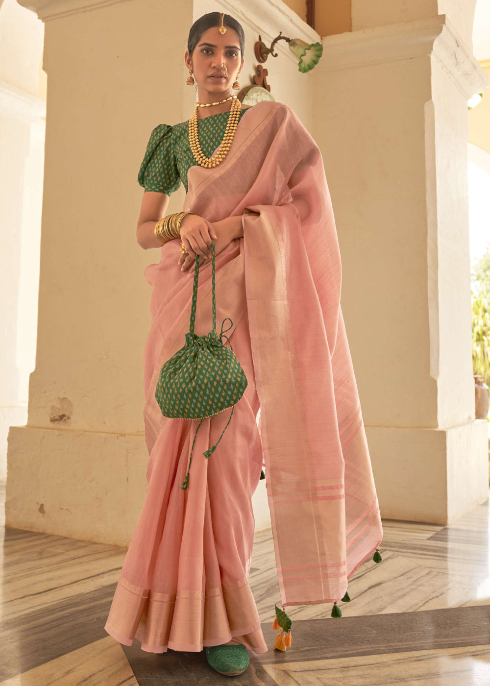 Wax Flower Pink and Green Organza Silk Saree