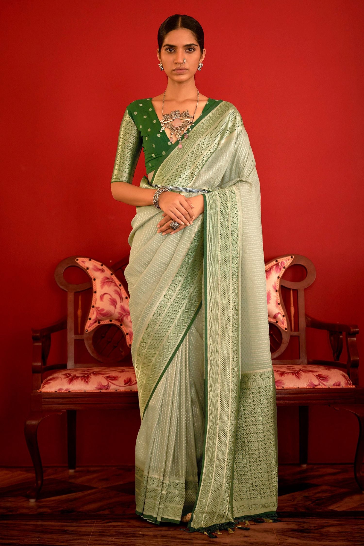 Dingley Green Woven Banarasi Woven Silk Saree