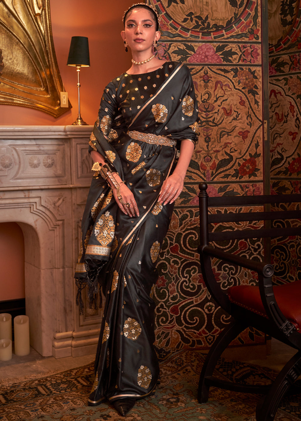 English Walnut Black Woven Satin Silk Saree