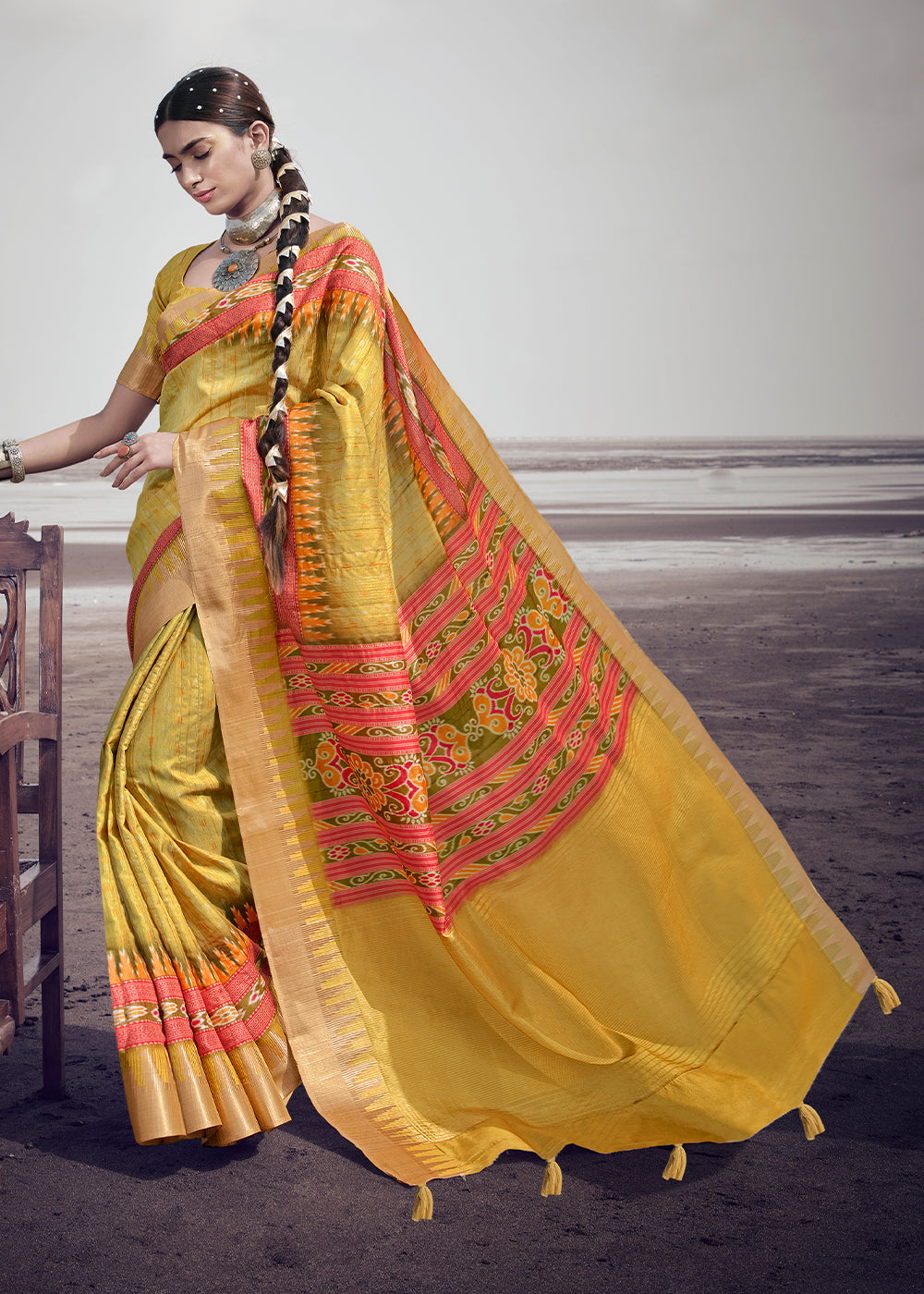 Equator Yellow Printed Designer Silk Saree