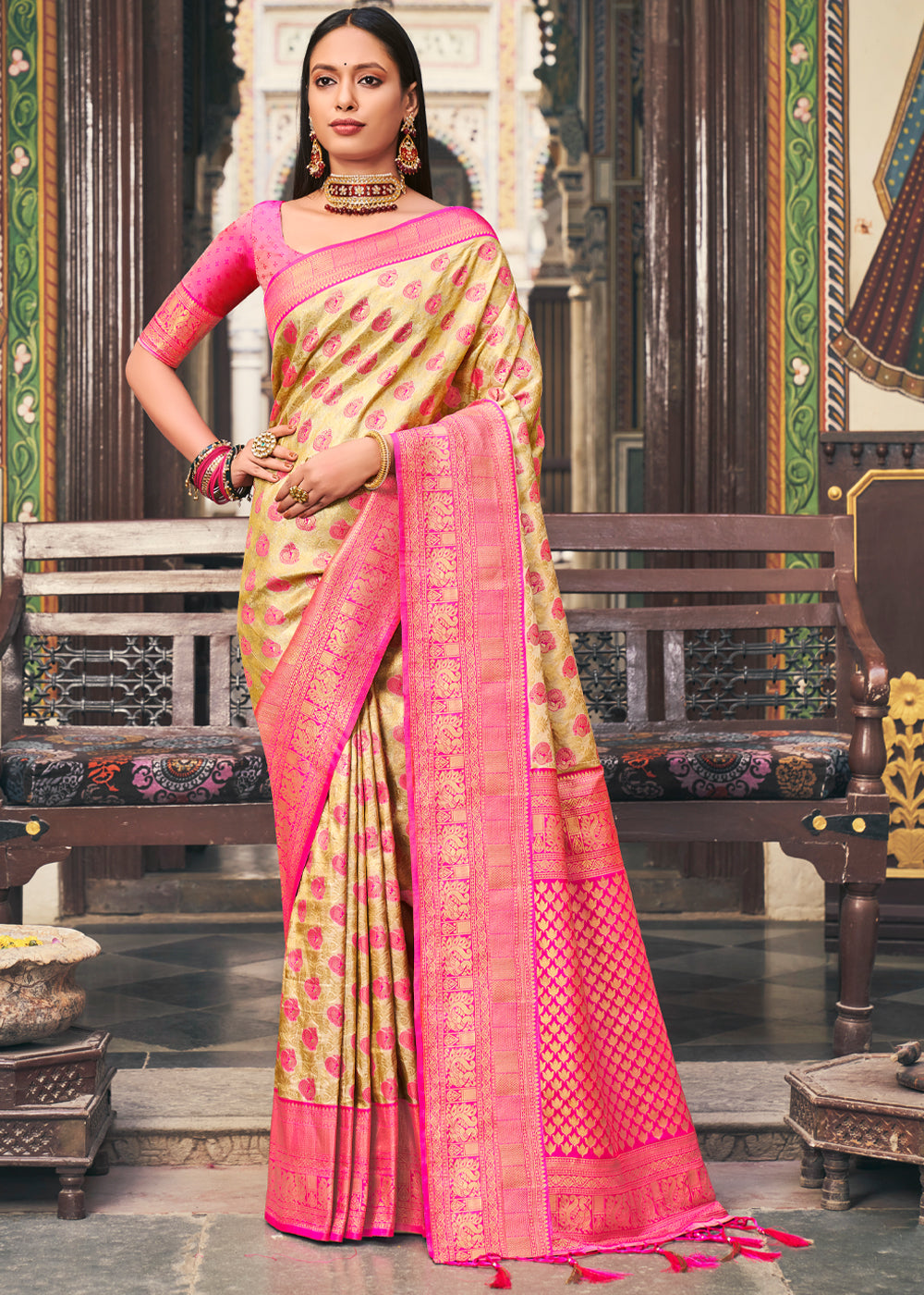 Drover Yellow and Pink Woven Kanjivaram Silk Saree