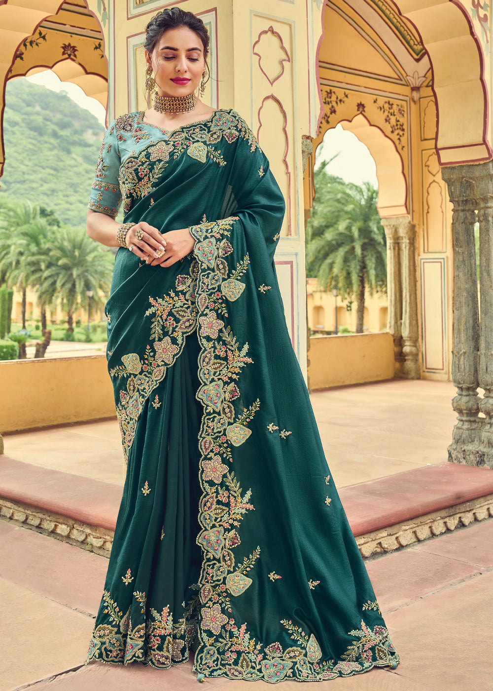 Firefly Green Designer Embroidered Satin Silk Saree