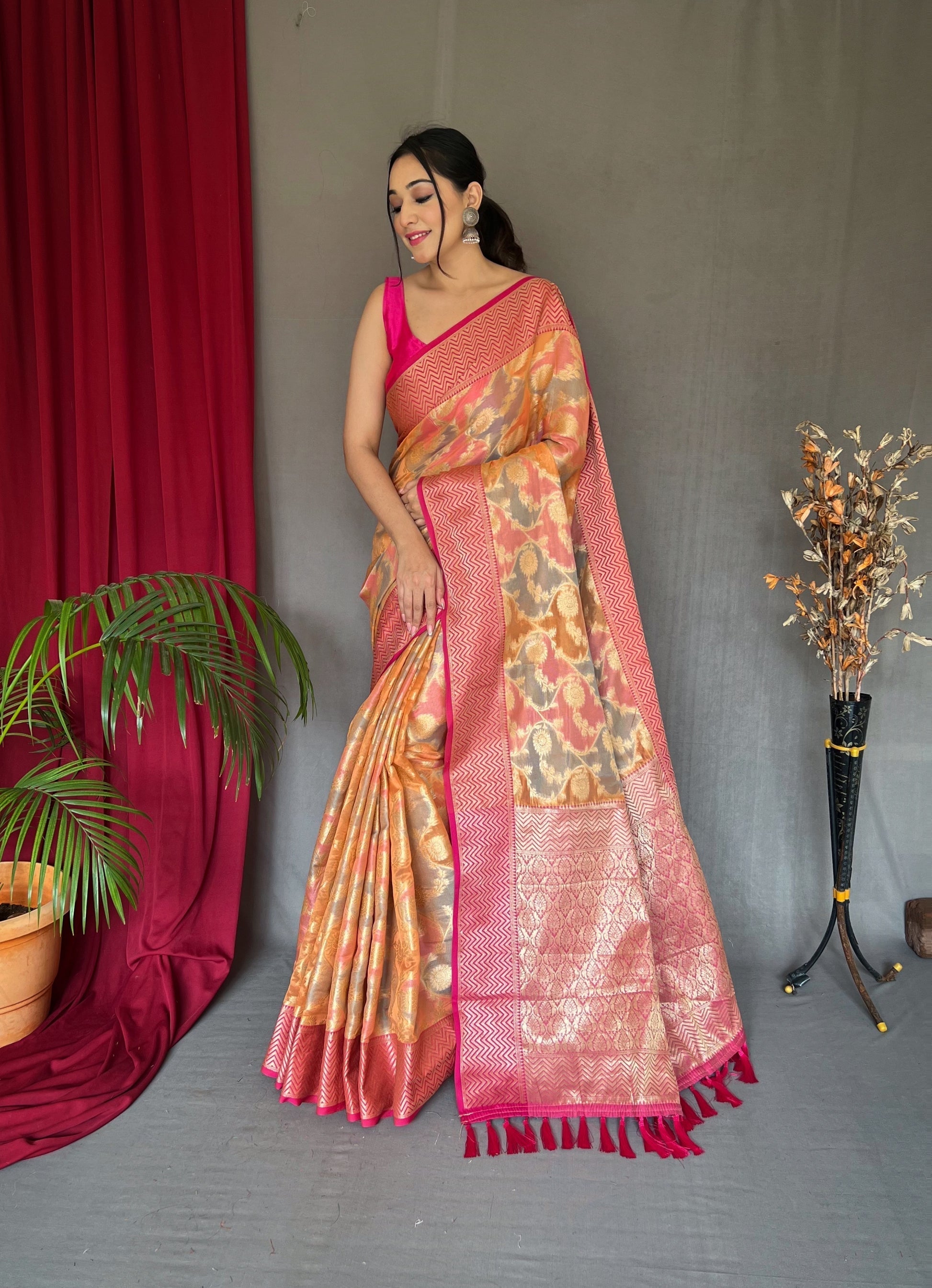 Melon Pink and Orange Woven Organza Silk Saree