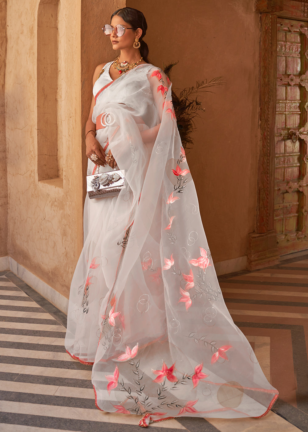 Foggy Grey Digital Print Organza Saree