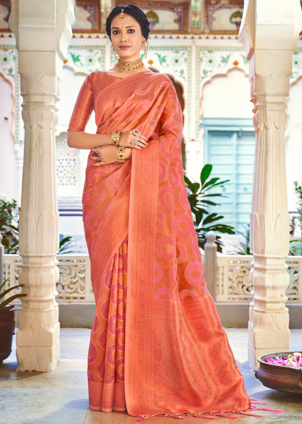 Bittersweet Peach Woven Banarasi Organza Silk Saree