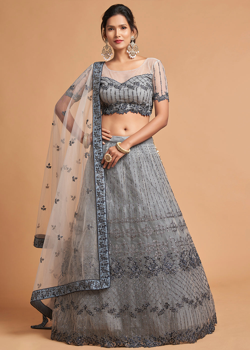 Ironside Grey Designer Soft Net Lehenga Choli