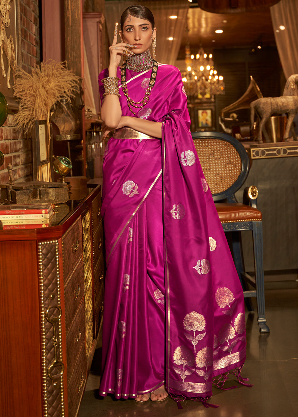 Jazzberry Jam Purple Woven Banarasi Satin Silk Saree