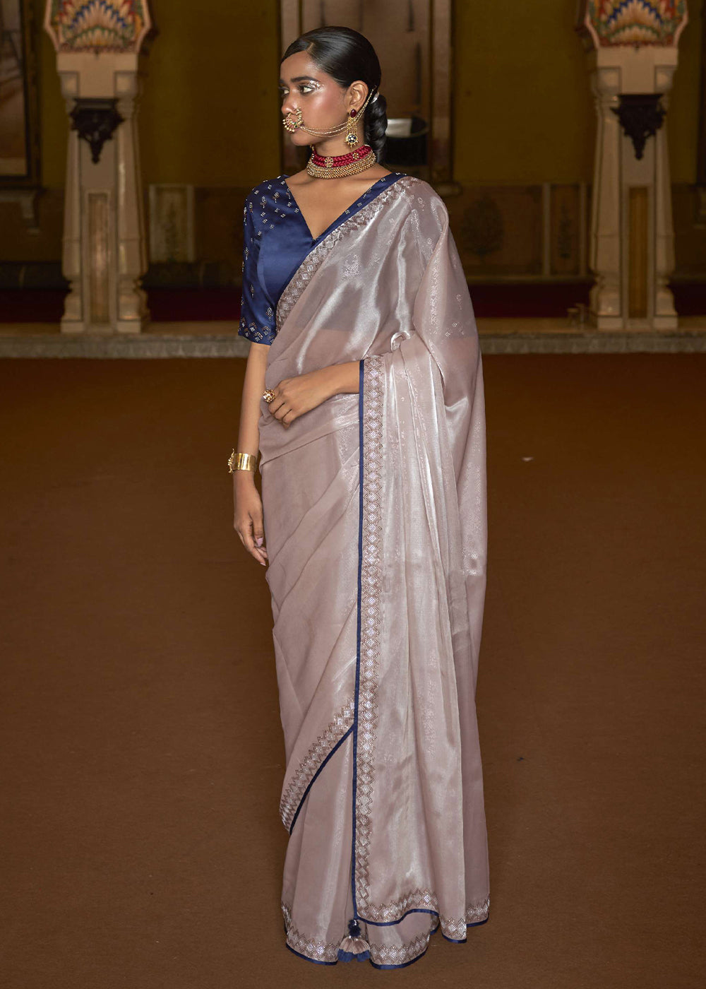 Oyster Cream Organza Woven Silk Saree