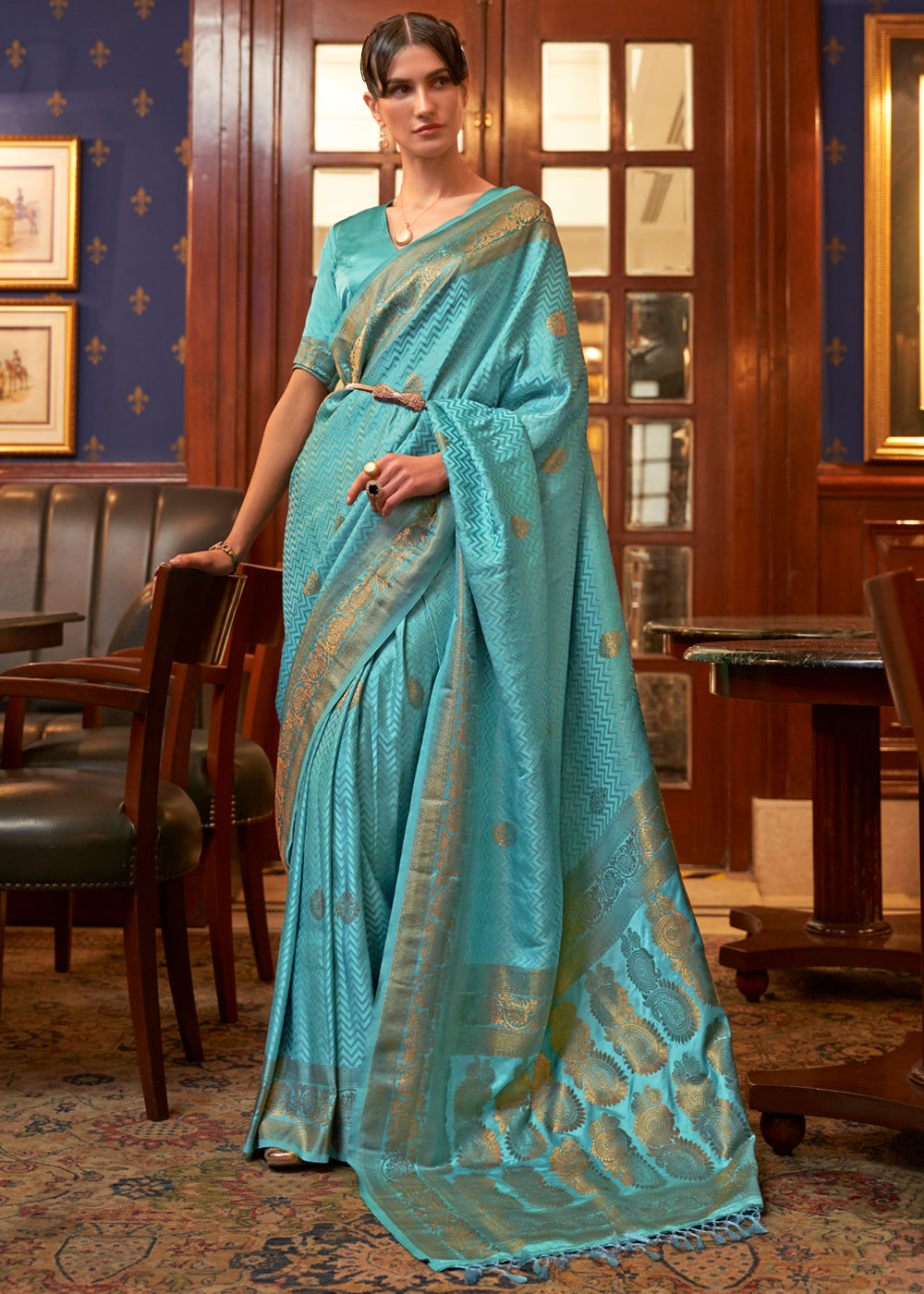 Downy Blue Woven Banarasi Silk Saree