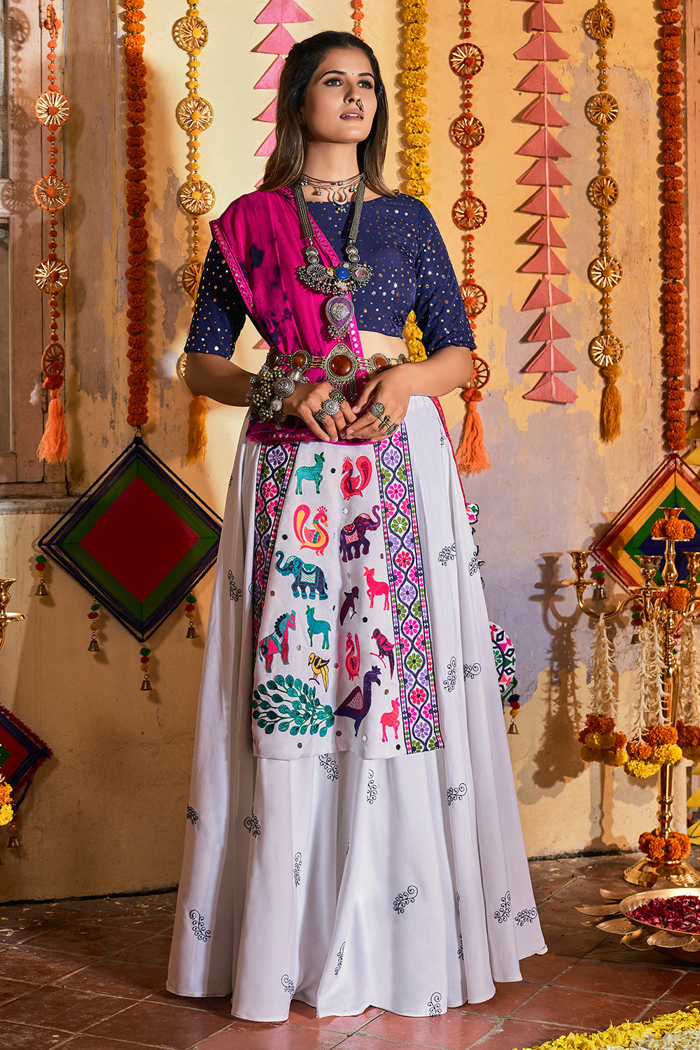 Swirl White Blue and Pink Lehenga Choli