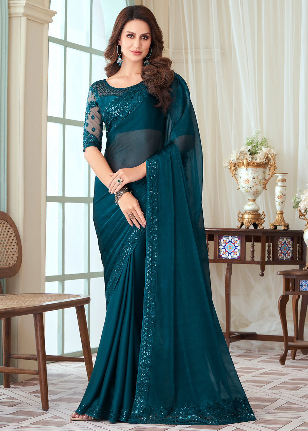 Cyprus Blue Designer Embroidered Satin Silk Saree