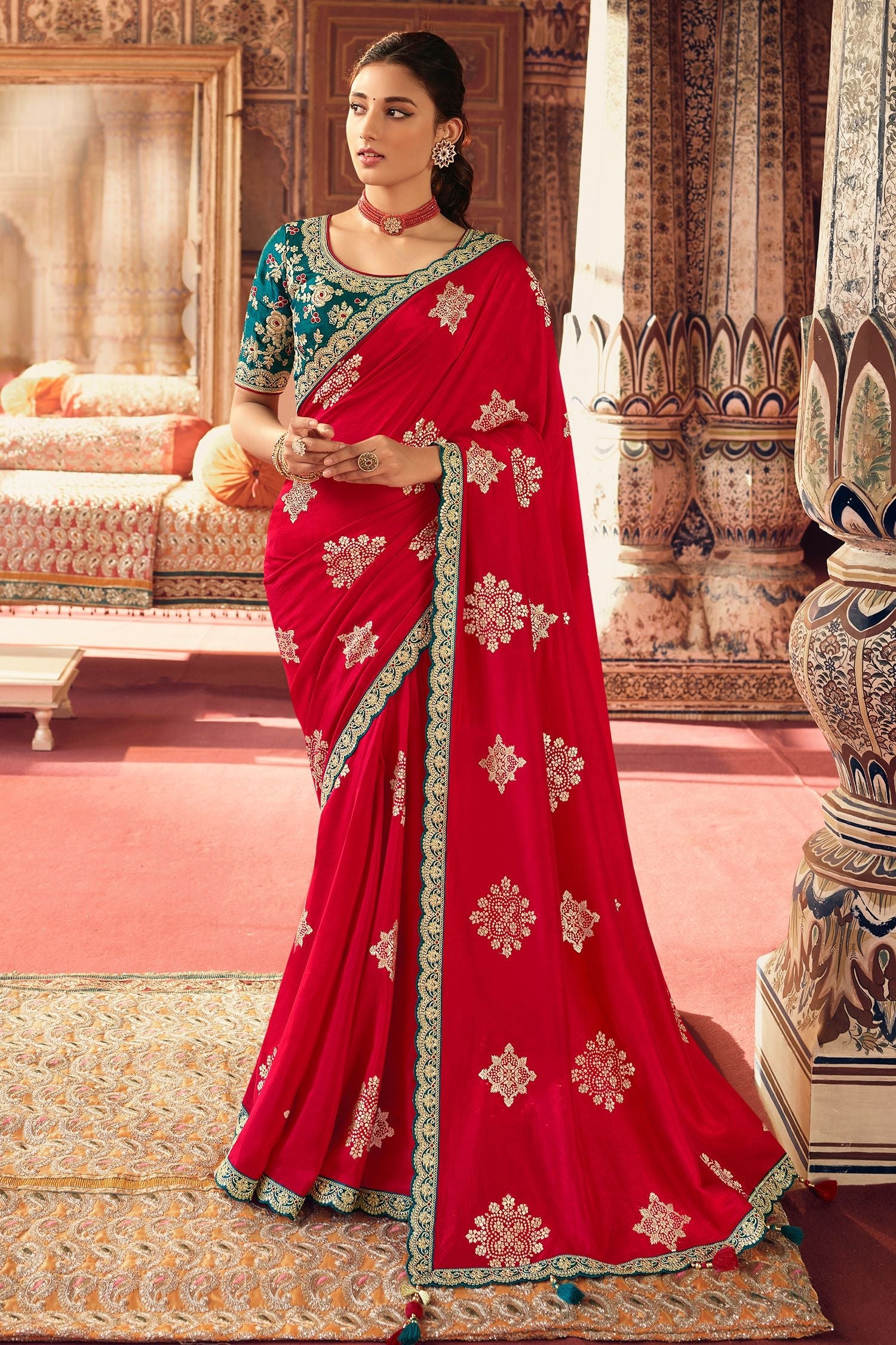 Rusty Red Organza Woven Silk Saree with Peacock Motifs