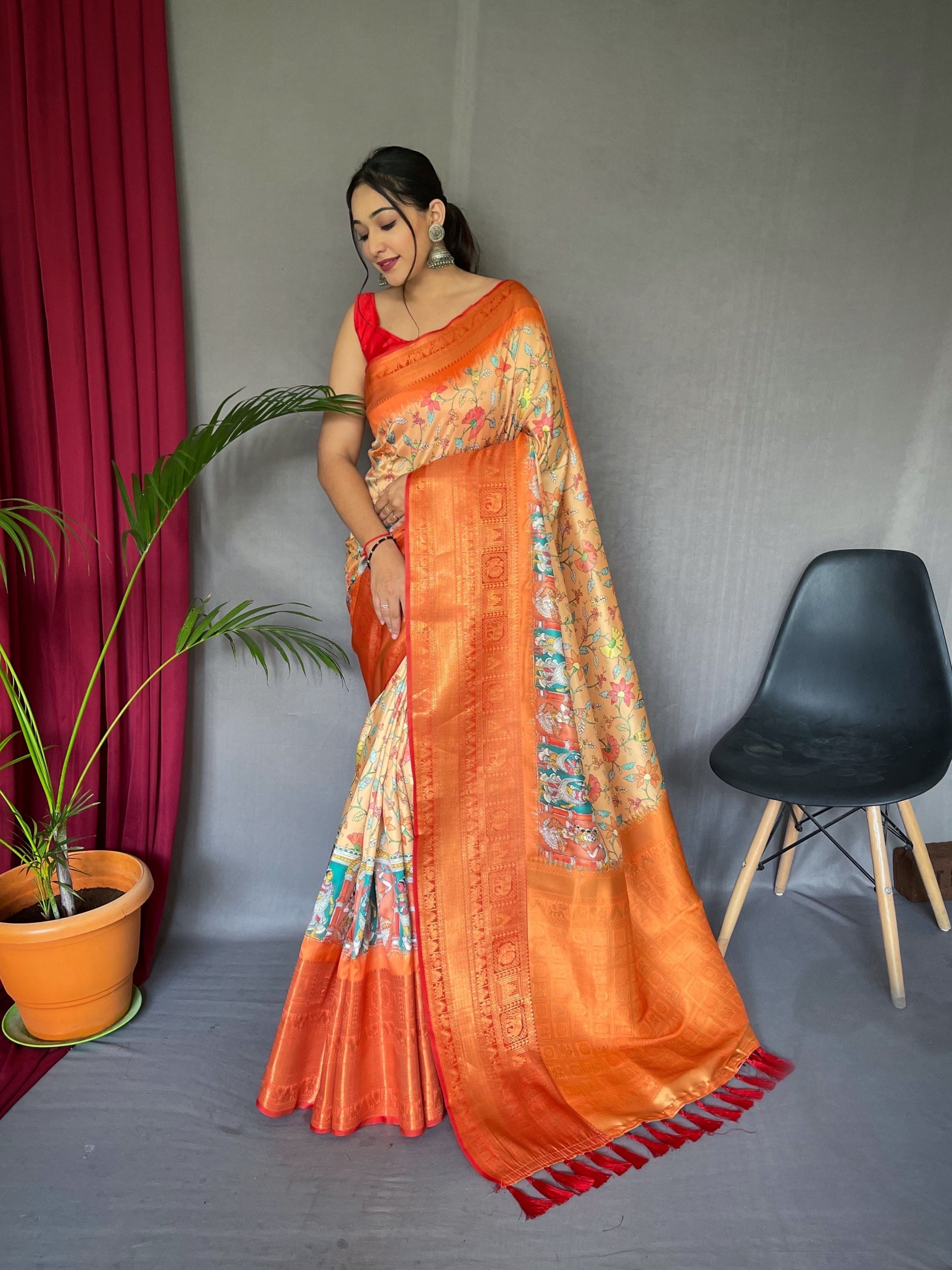 Atomic Tangerine Orange Kalmkari Saree