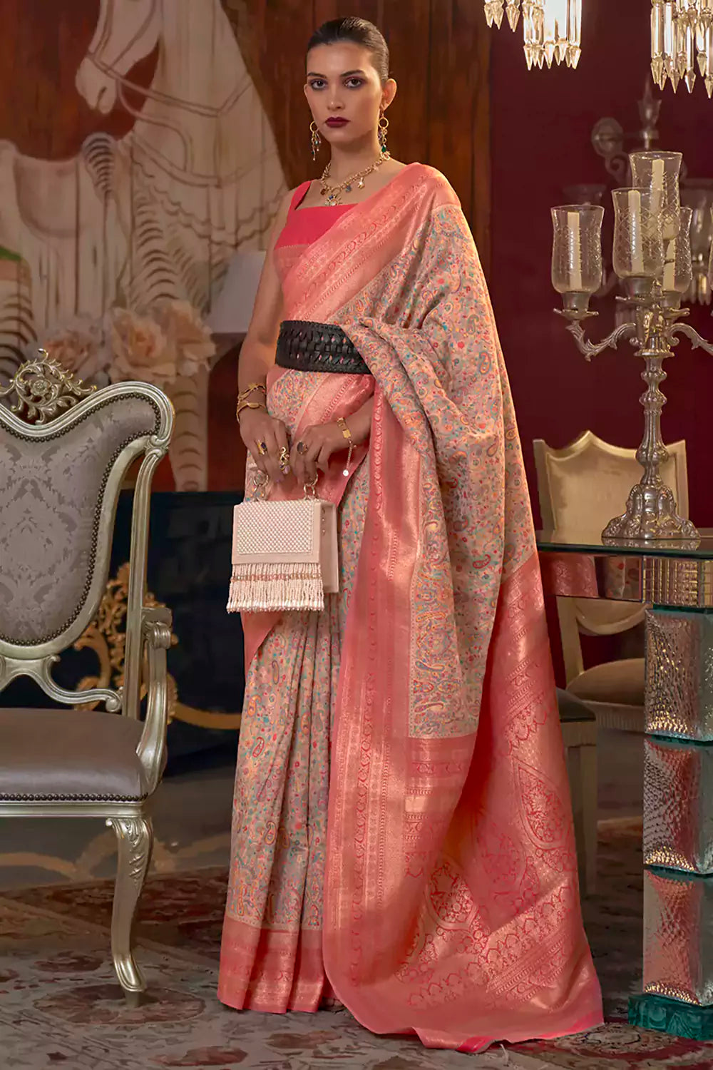 Tacao Peach Kashmiri Jamewar Silk Saree