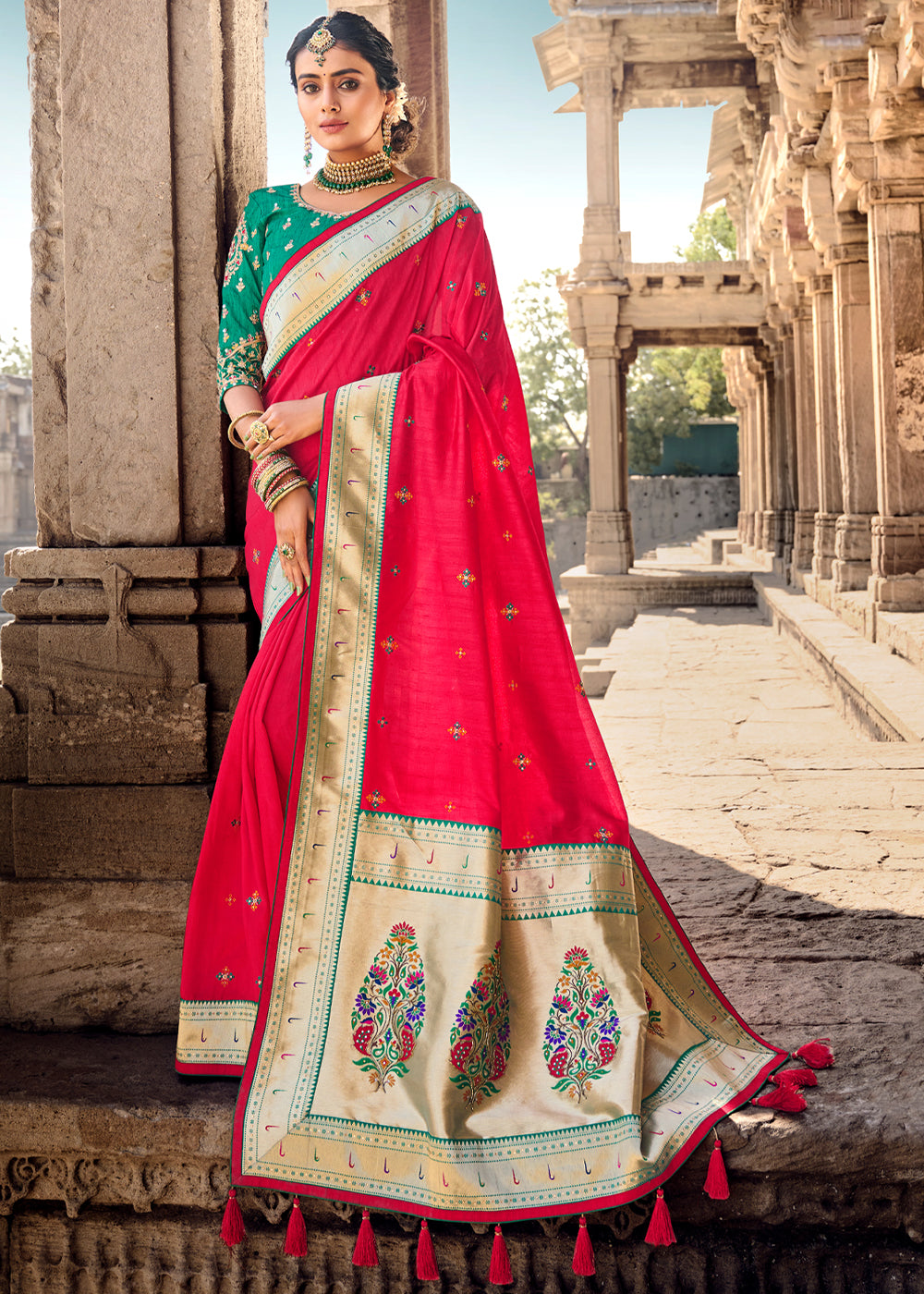 Chilli Red Banarasi Woven Silk Saree with Designer Blouse