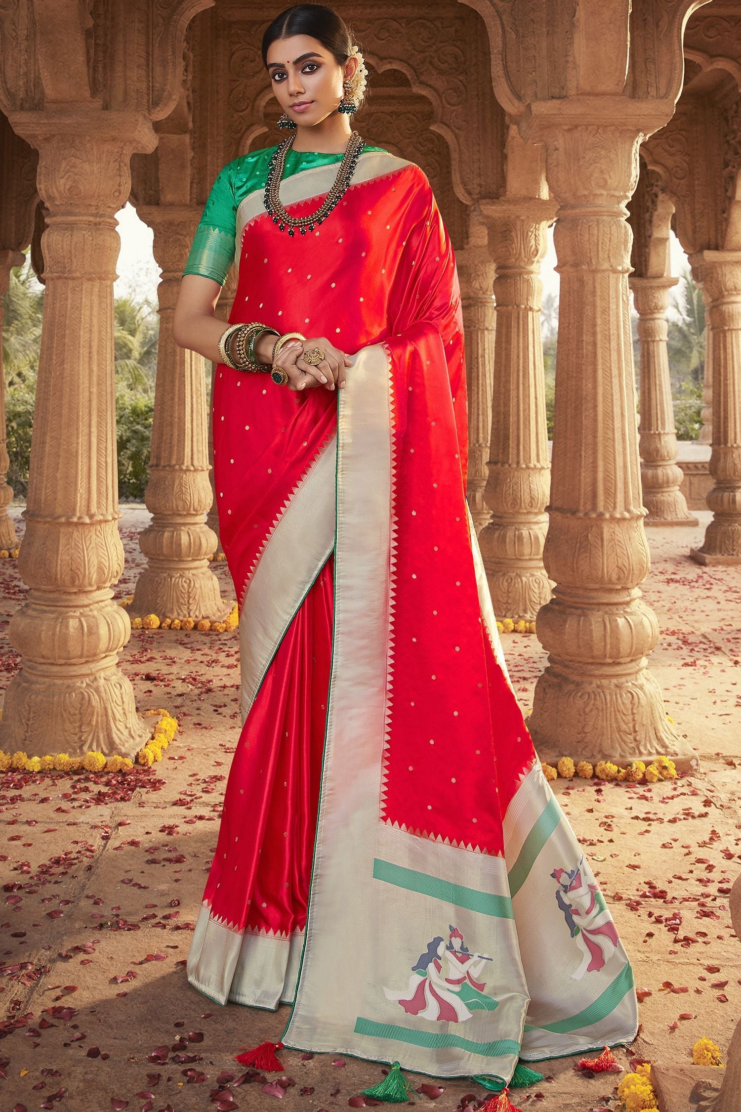 Torch Red Designer Banarasi Satin Silk Saree