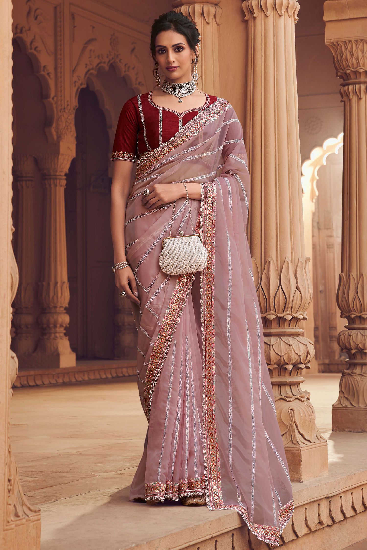 Coral Tree Pink Organza Silk with Embroidered Designer Saree