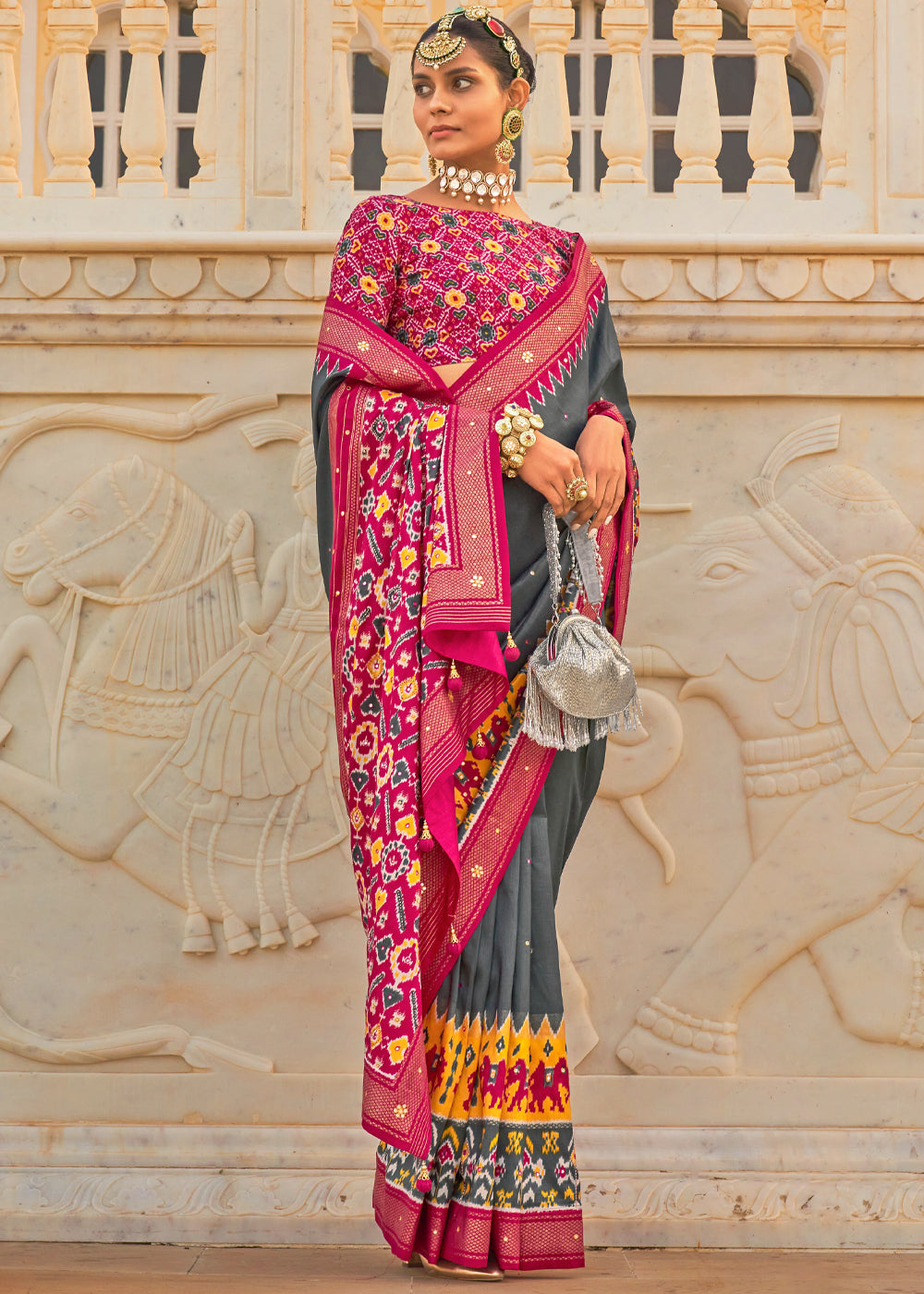 Scarpa Flow Grey and Pink Woven Patola Silk Saree