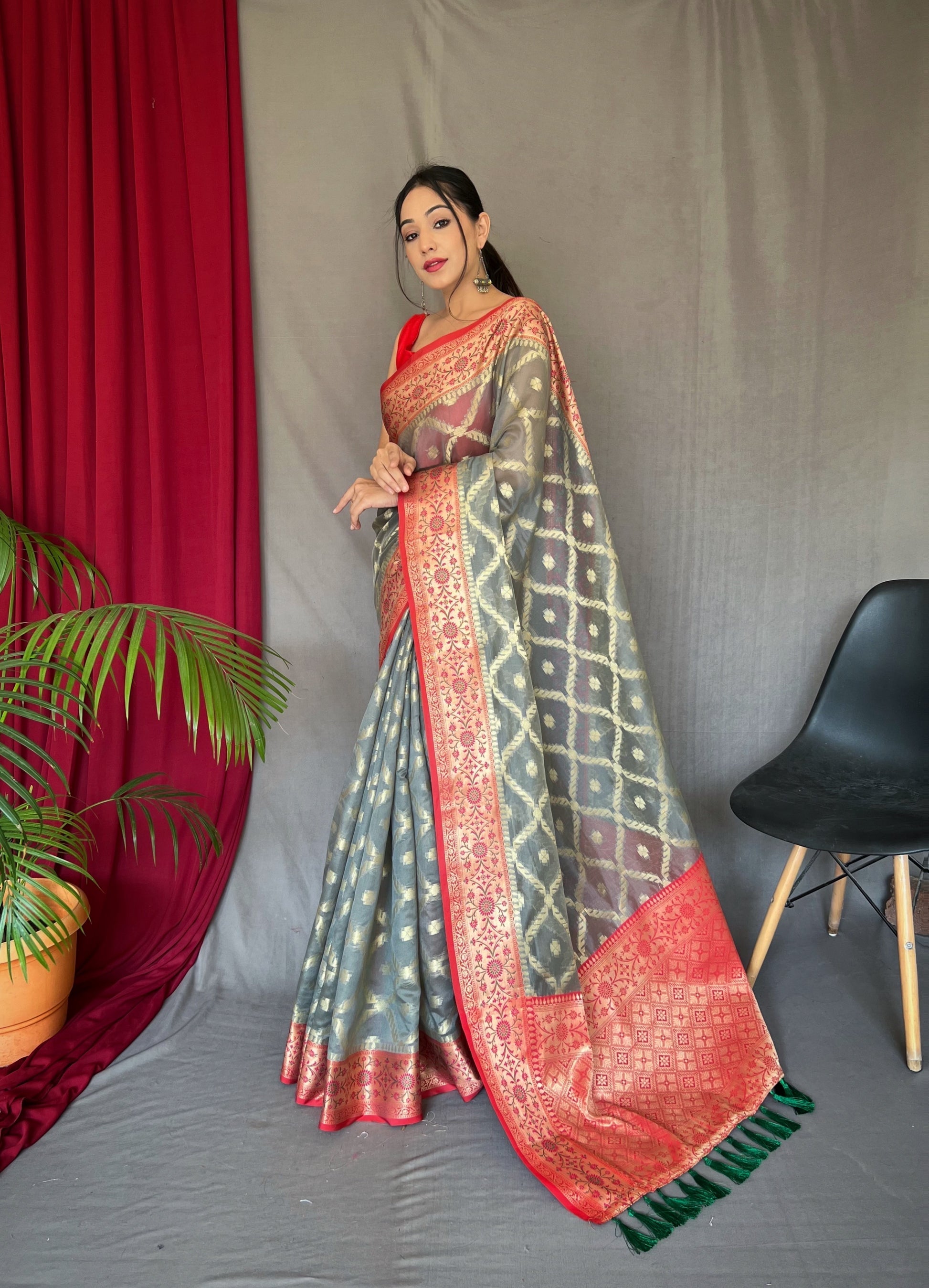 Ash Grey Woven Banarasi Organza Silk Saree