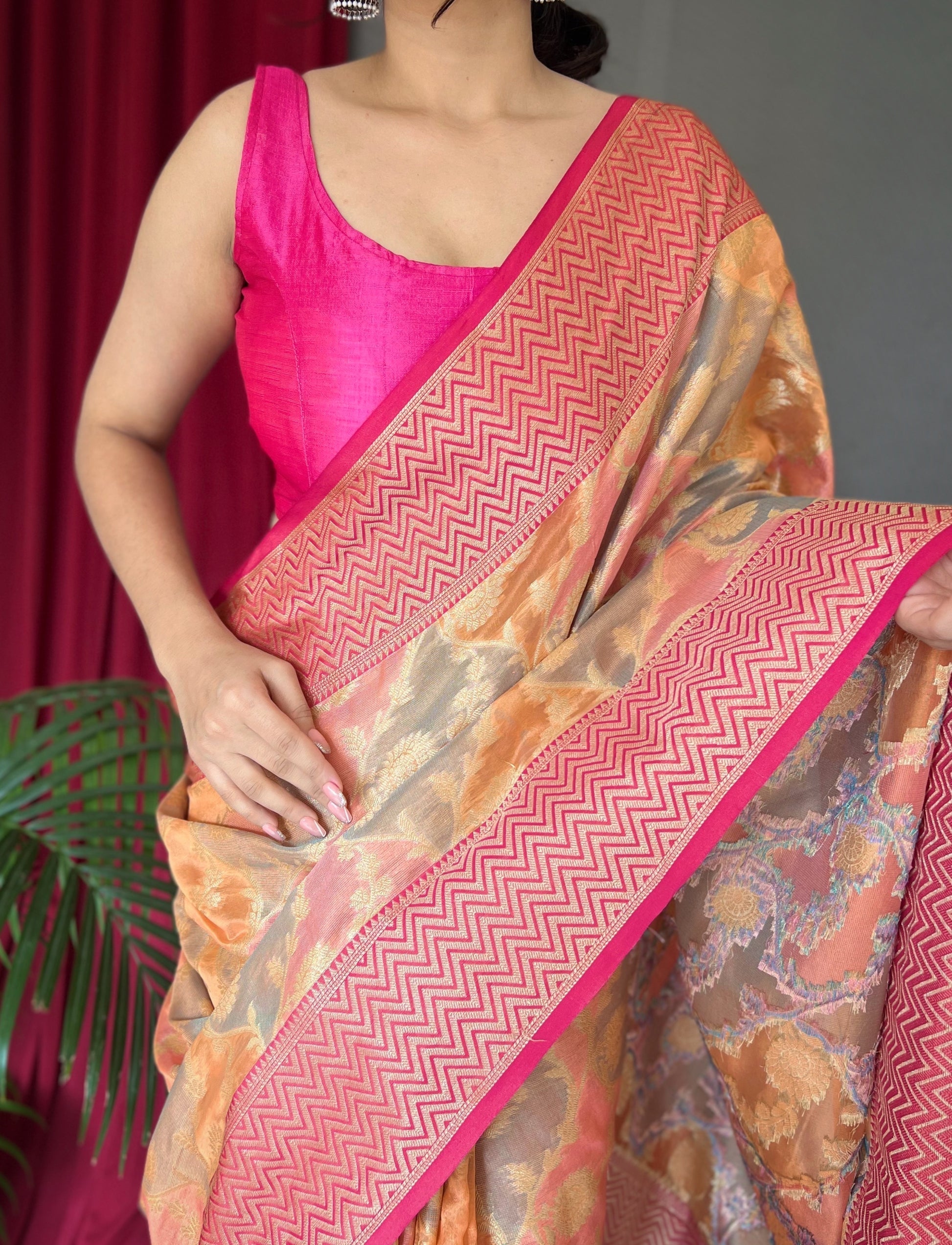 Melon Pink and Orange Woven Organza Silk Saree