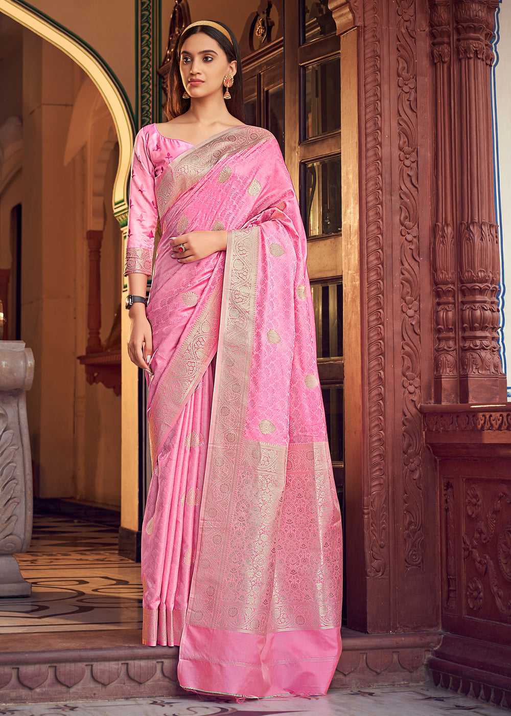 Pink Sherbert Banarasi Woven Satin Silk Saree