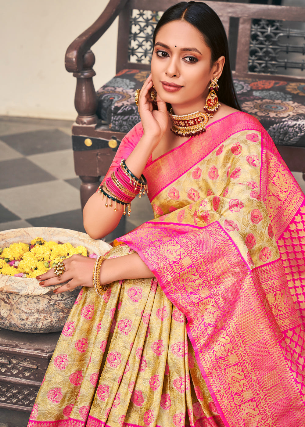 Drover Yellow and Pink Woven Kanjivaram Silk Saree