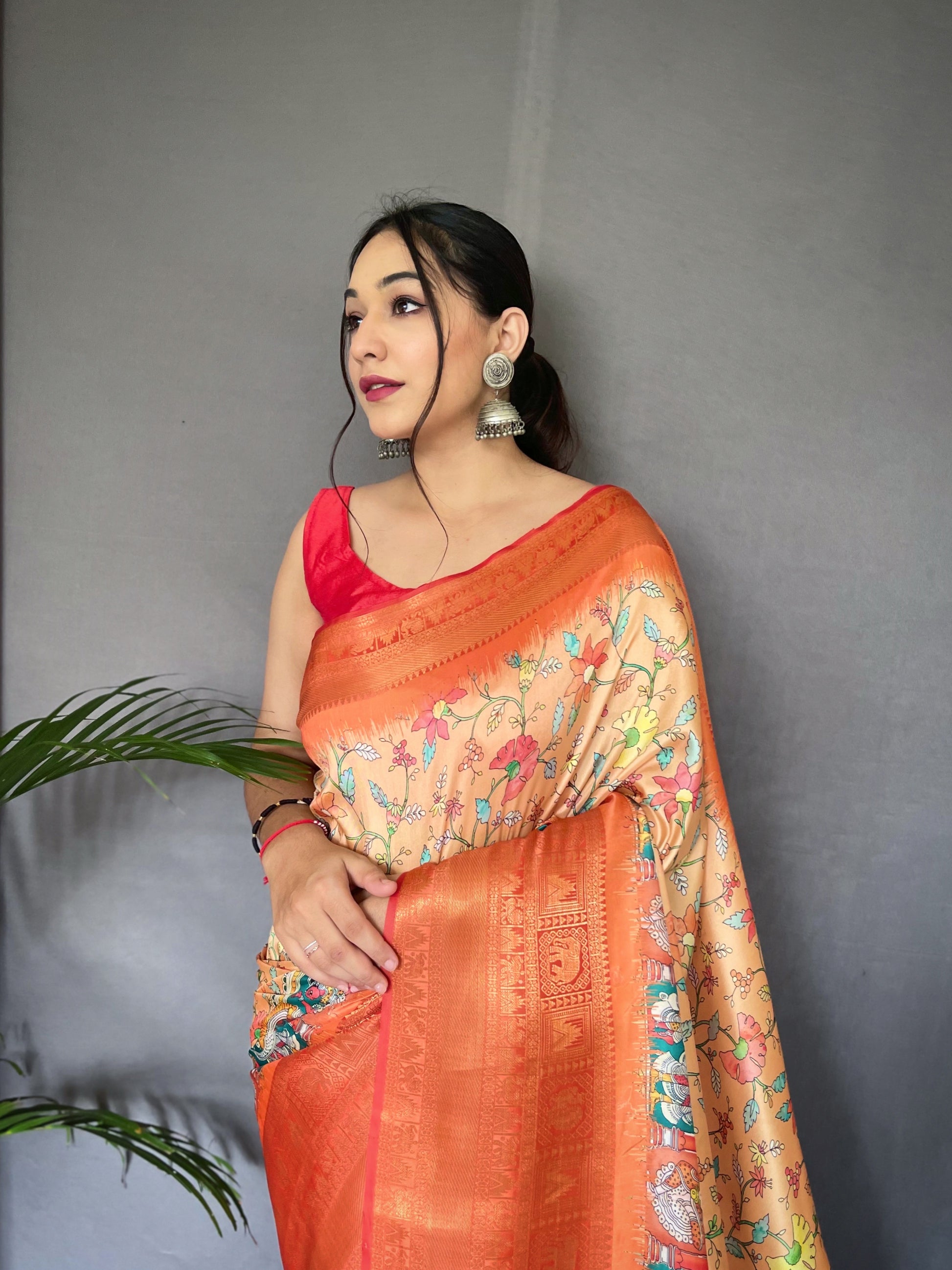 Atomic Tangerine Orange Kalmkari Saree