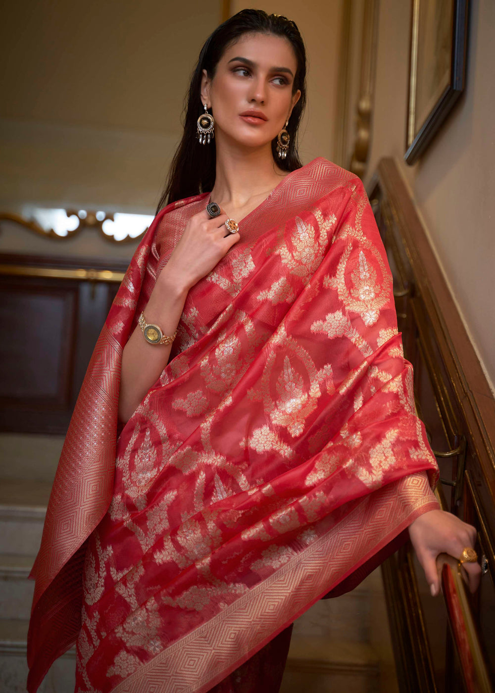 Poppy Red Woven Organza Banarasi Silk Saree