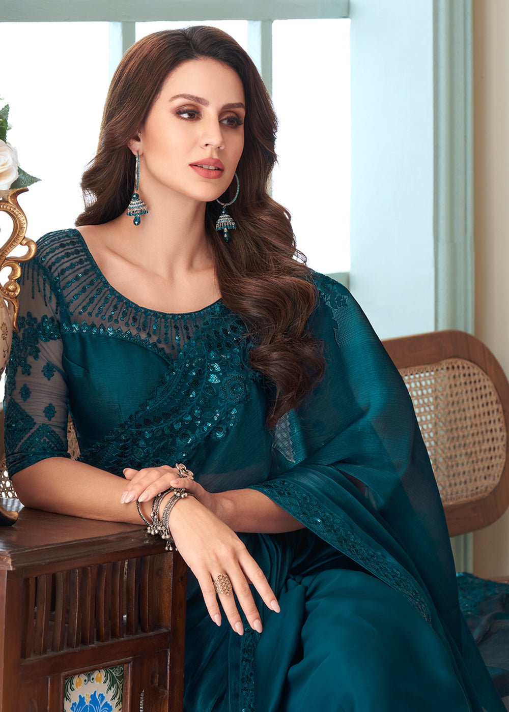 Cyprus Blue Designer Embroidered Satin Silk Saree