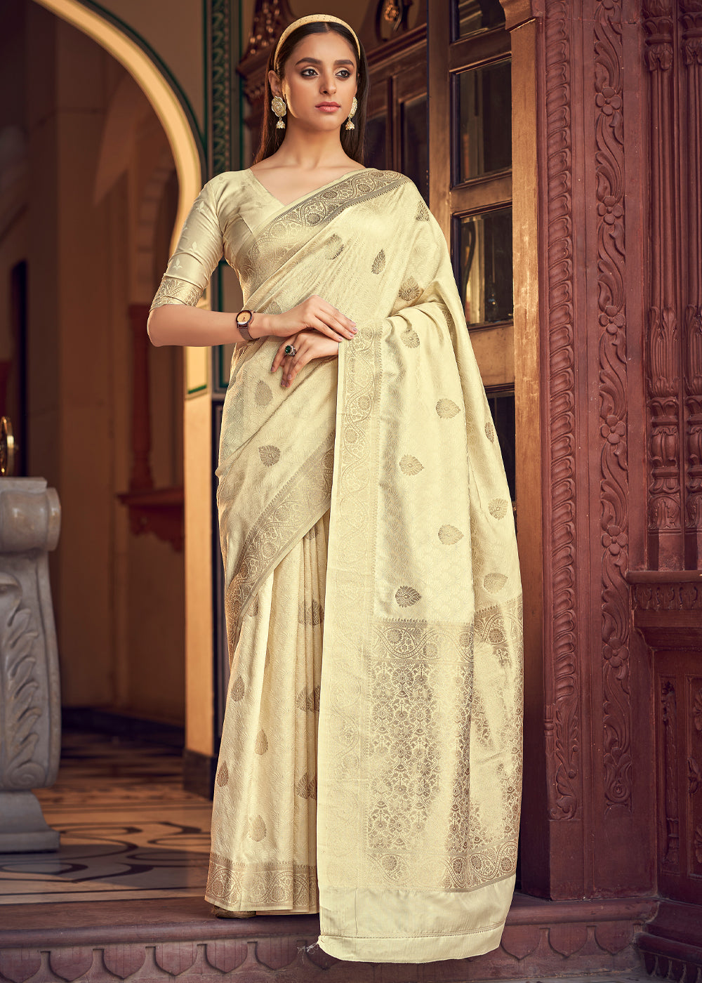 Lemon Chiffon Yellow Banarasi Woven Satin Silk Saree