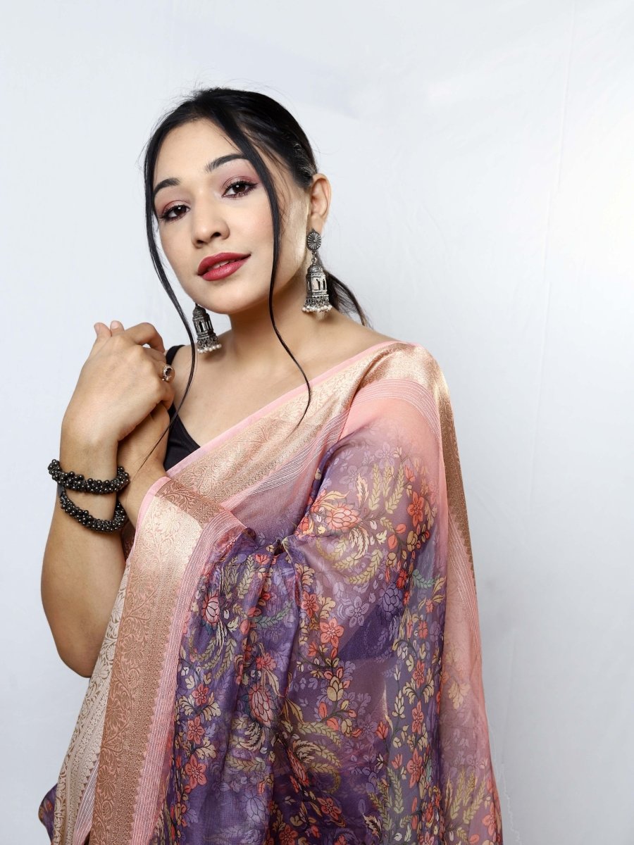 Melanie Lavender Organza Kalamkari Printed with Sequins Jacquard Woven Saree