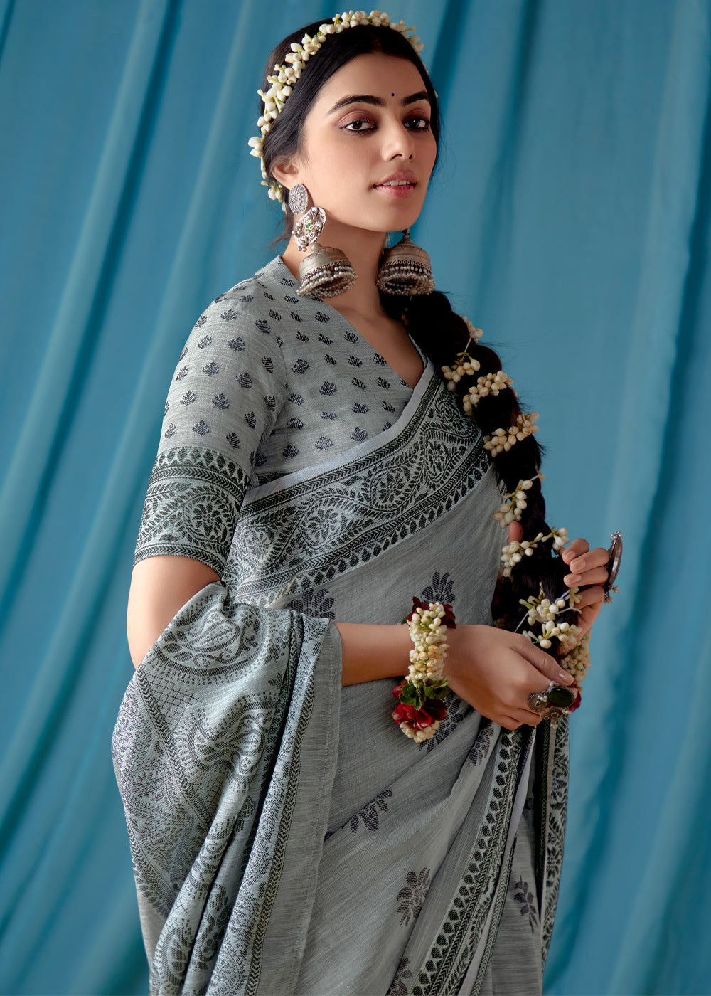 Willow Grove Grey Woven Banarasi Linen Silk Saree