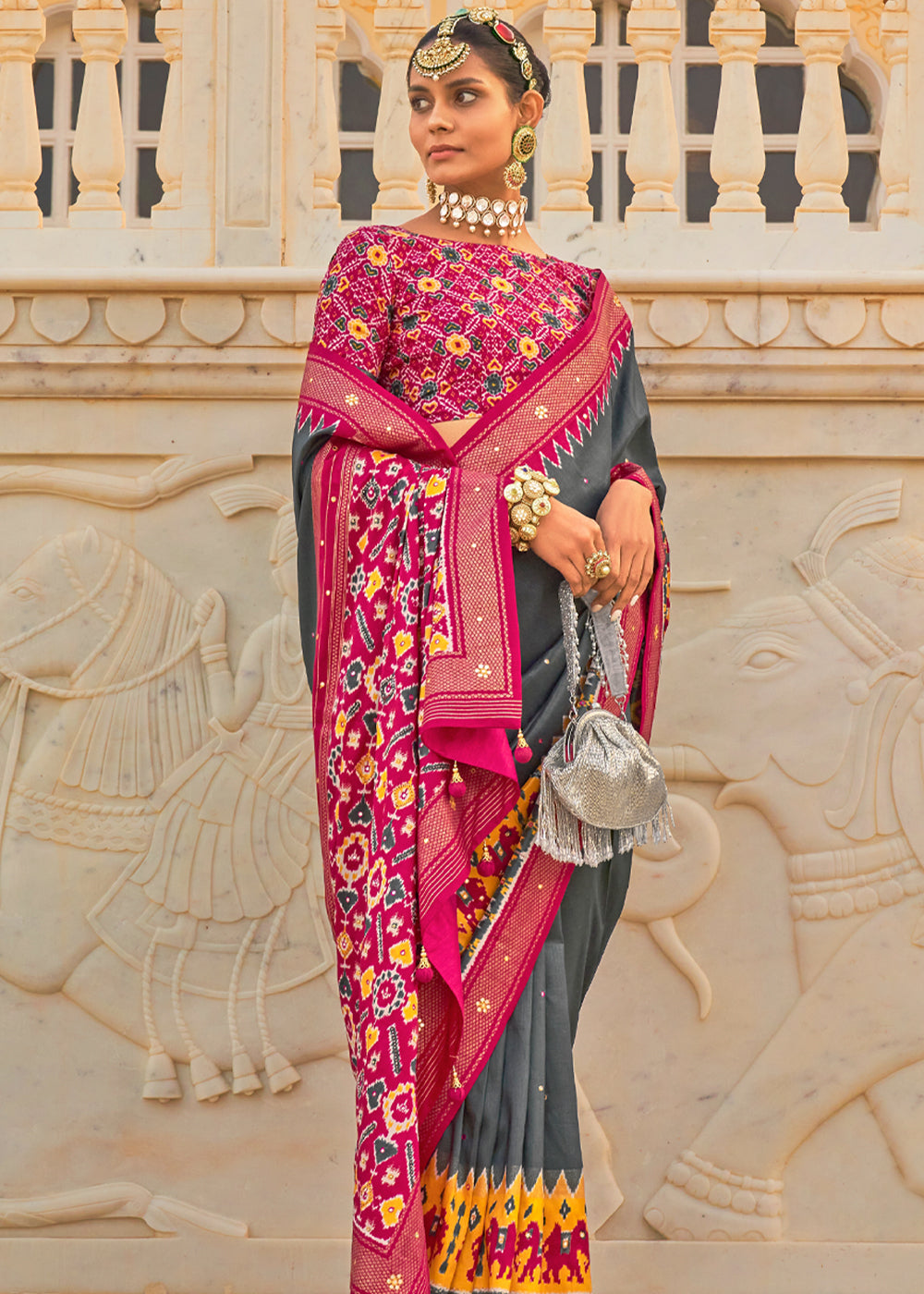 Scarpa Flow Grey and Pink Woven Patola Silk Saree