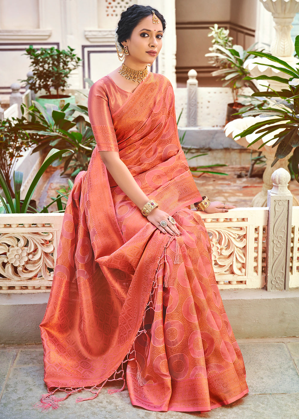 Bittersweet Peach Woven Banarasi Organza Silk Saree