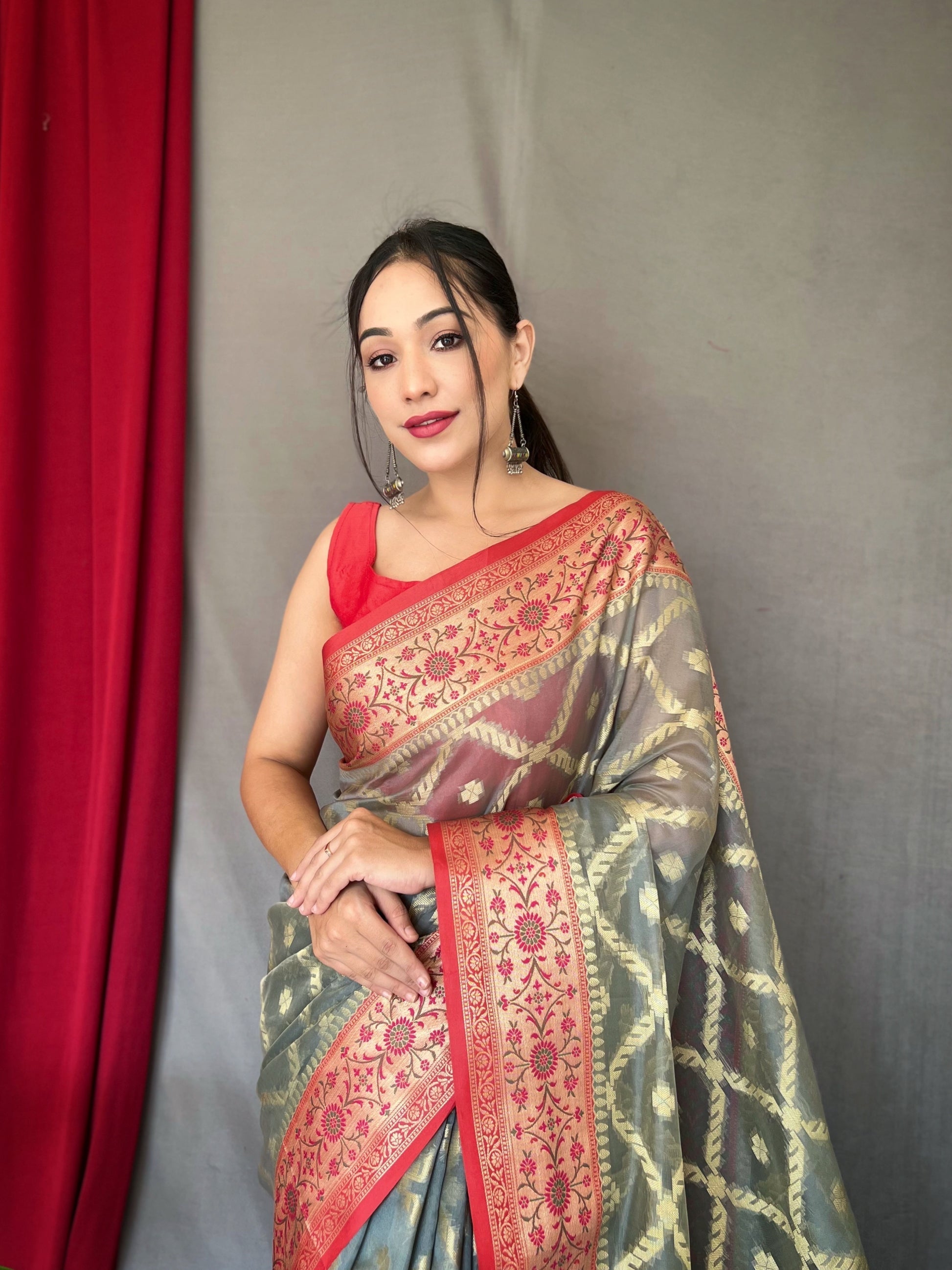 Ash Grey Woven Banarasi Organza Silk Saree