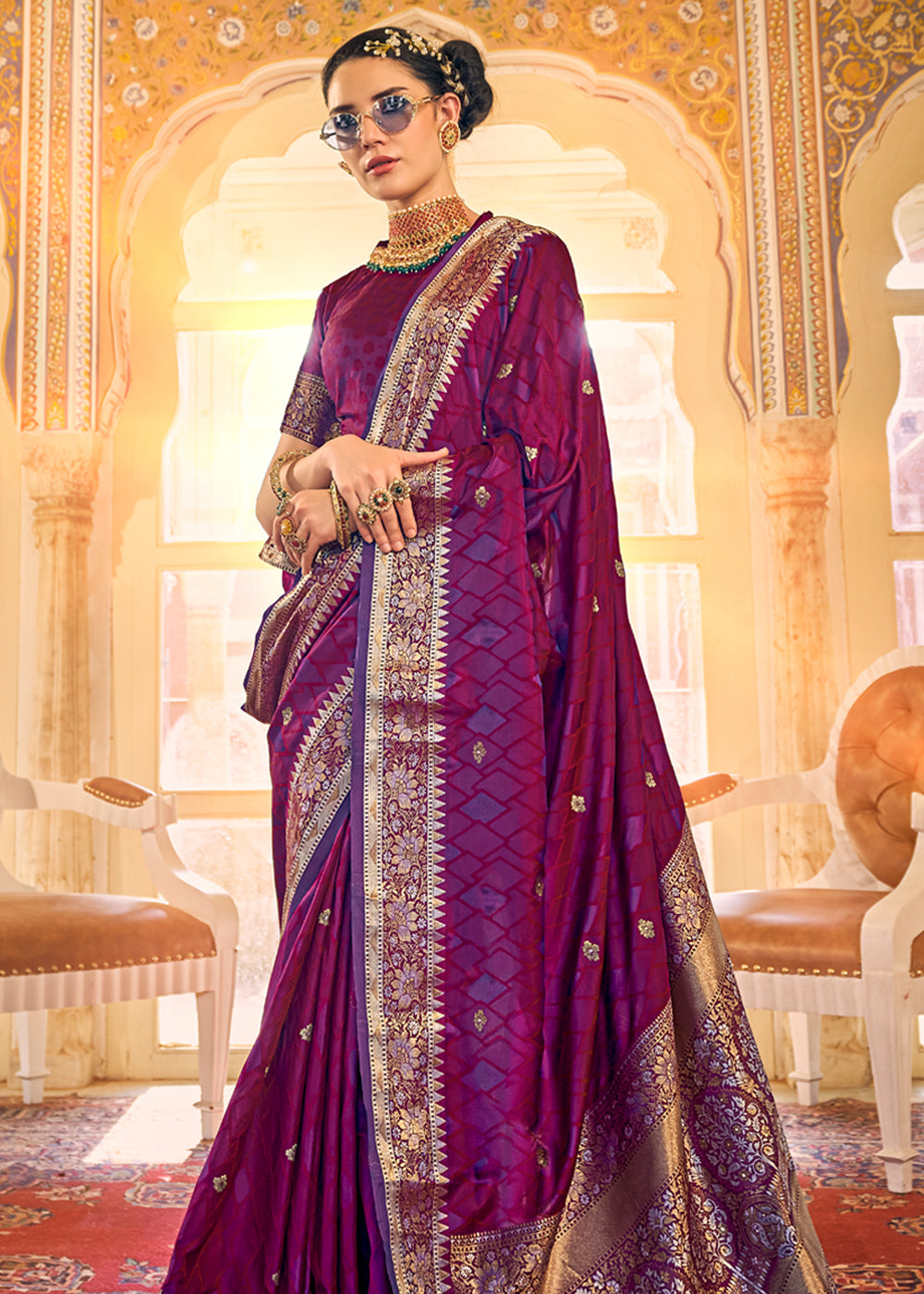 Mulberry Wood Purple Woven Banarasi Satin Silk Saree