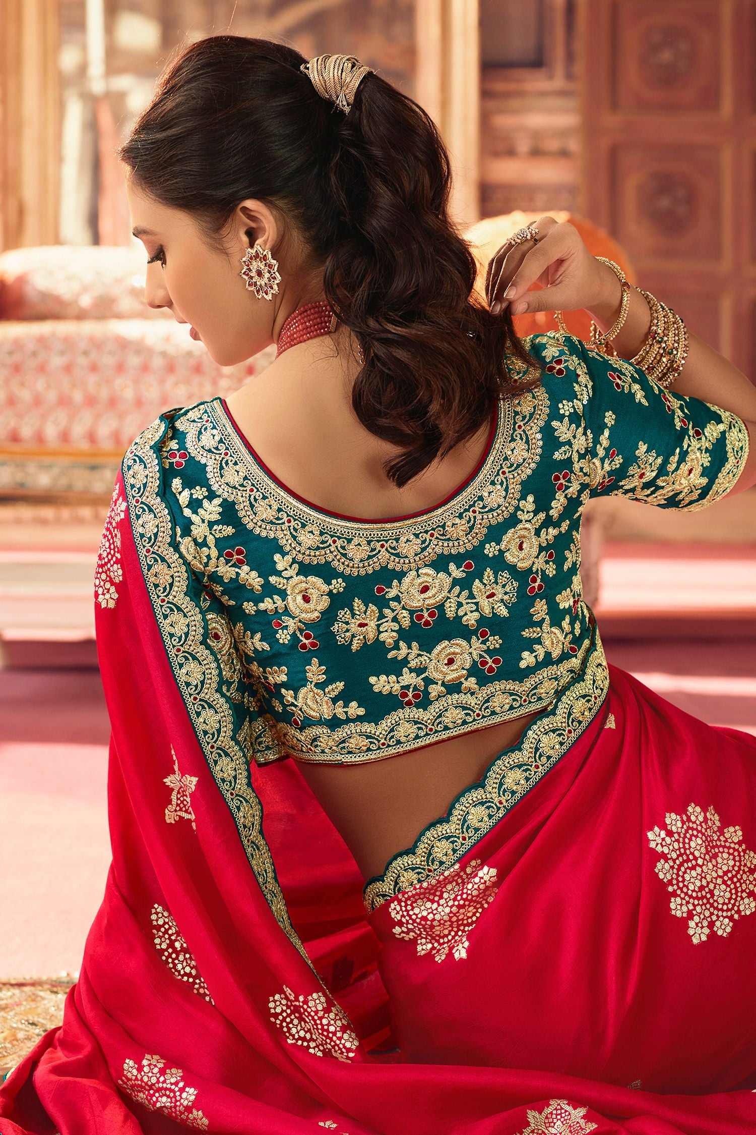 Rusty Red Organza Woven Silk Saree with Peacock Motifs