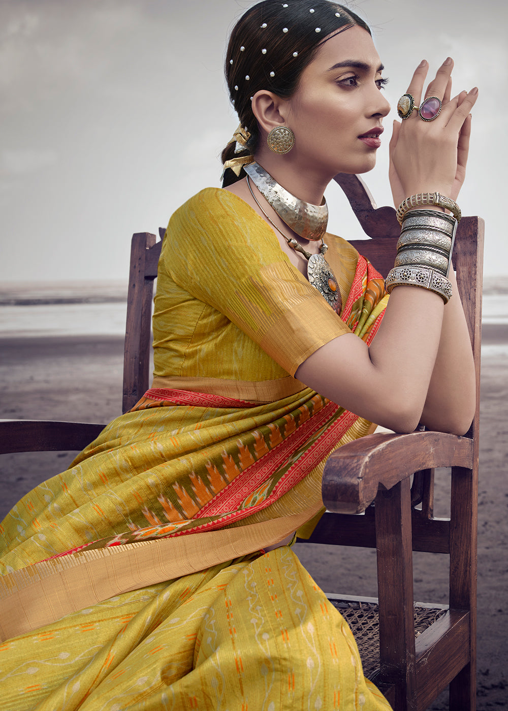 Equator Yellow Printed Designer Silk Saree