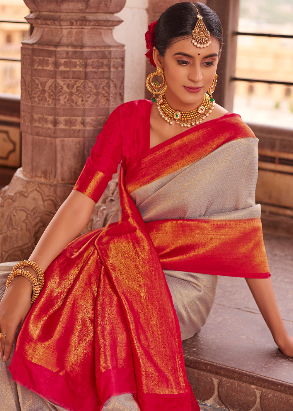 Akaroa Grey and Red Woven Kanjivram Silk Saree