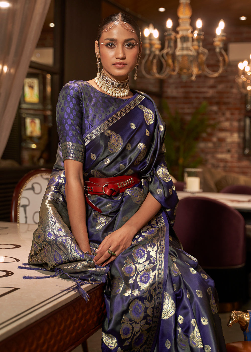 Mulled Wine Blue Banarasi Woven Satin Silk Saree