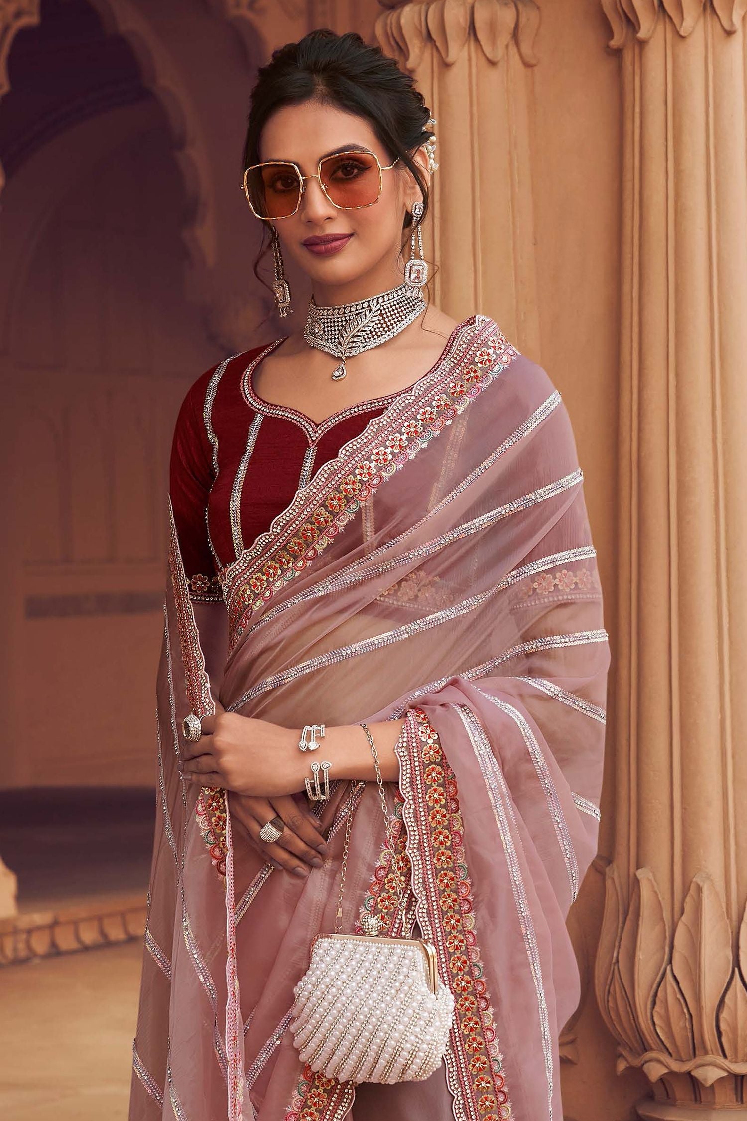 Coral Tree Pink Organza Silk with Embroidered Designer Saree