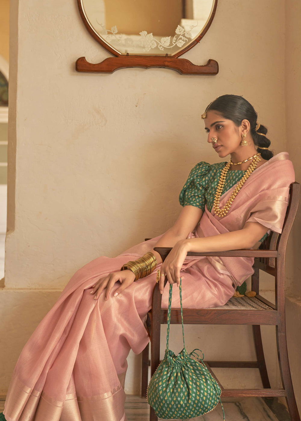 Wax Flower Pink and Green Organza Silk Saree