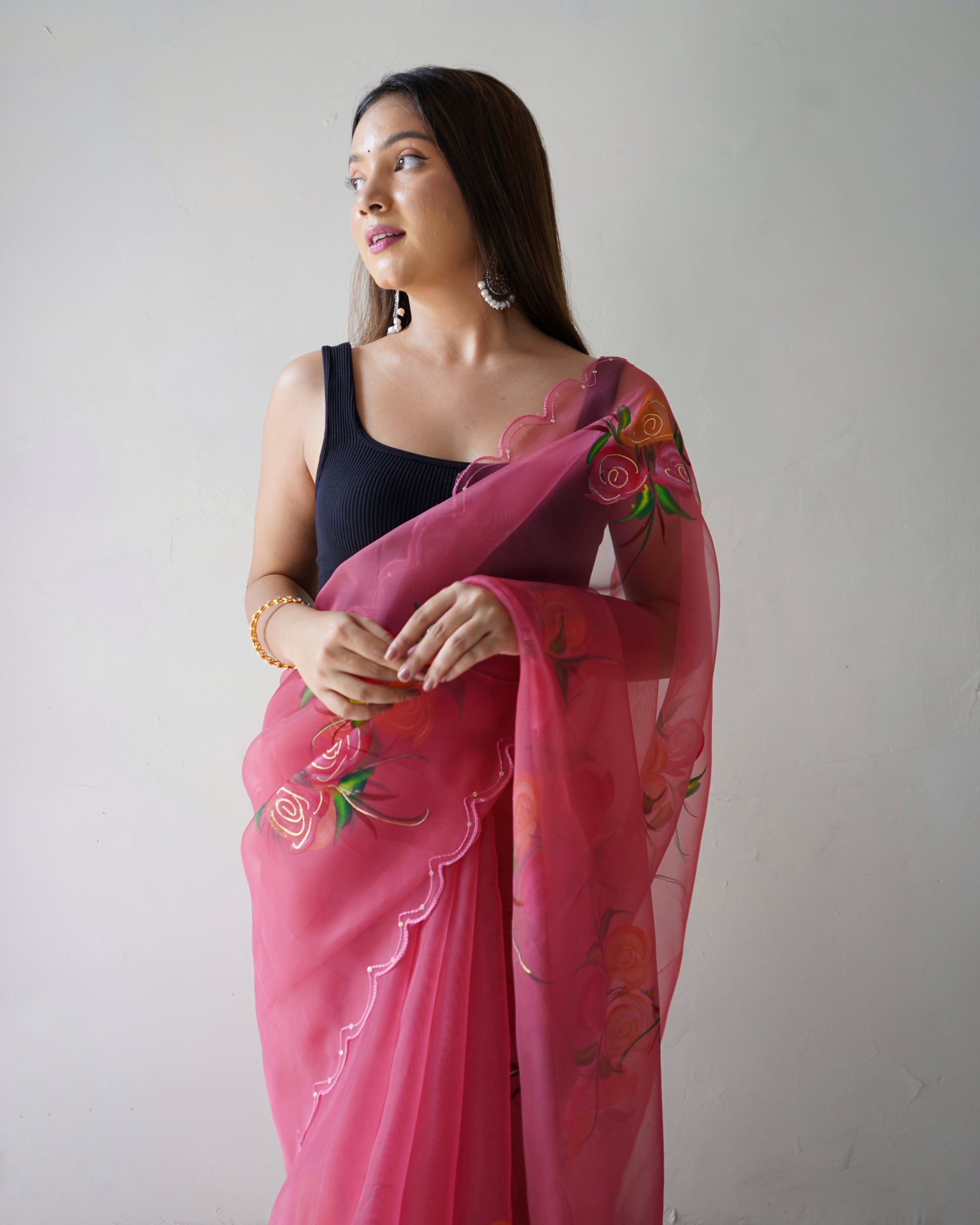 Hopbush Purple Organza Printed Floral Saree