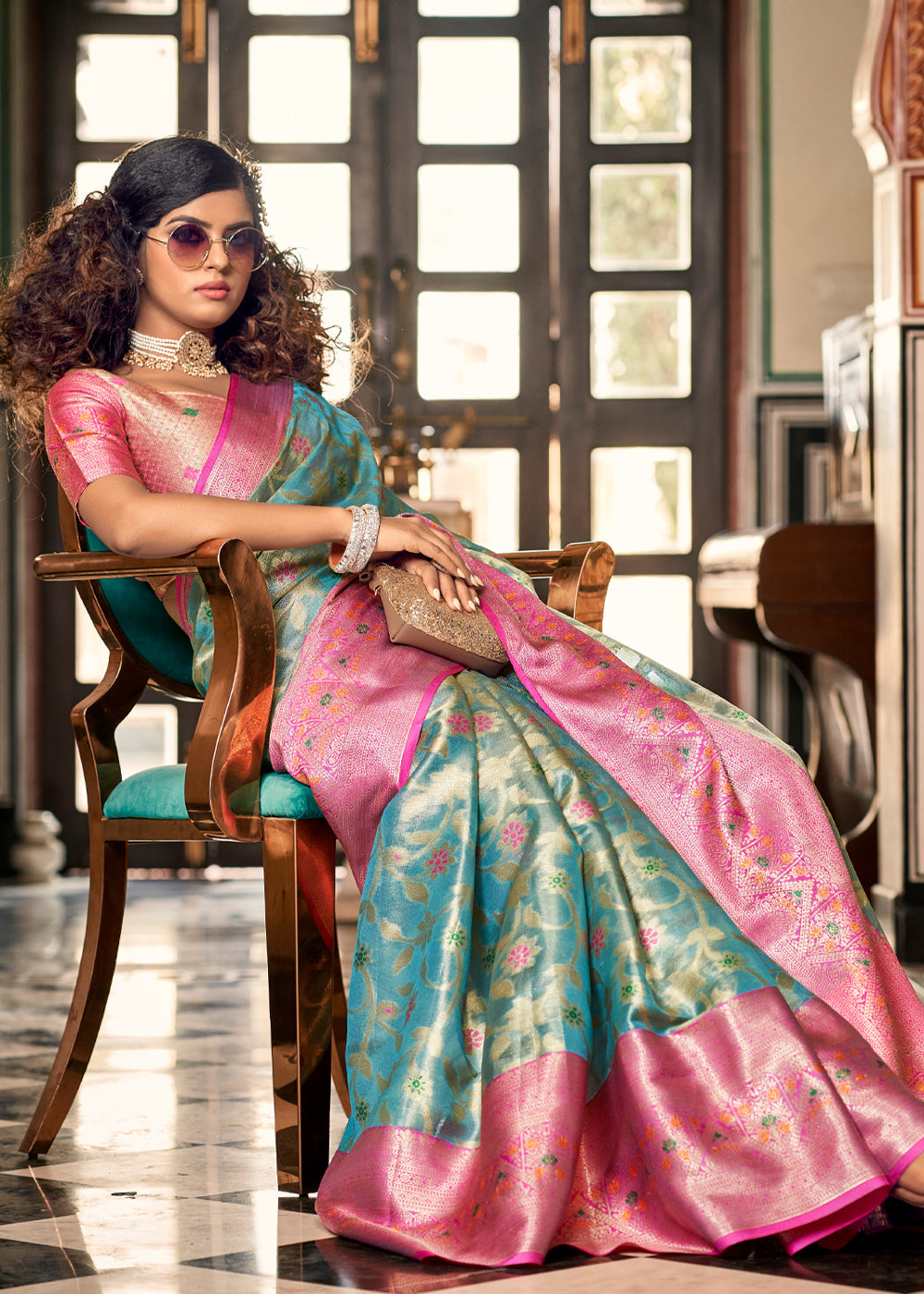 Sea Nymph Blue and Pink Woven Banarasi Organza Silk Saree