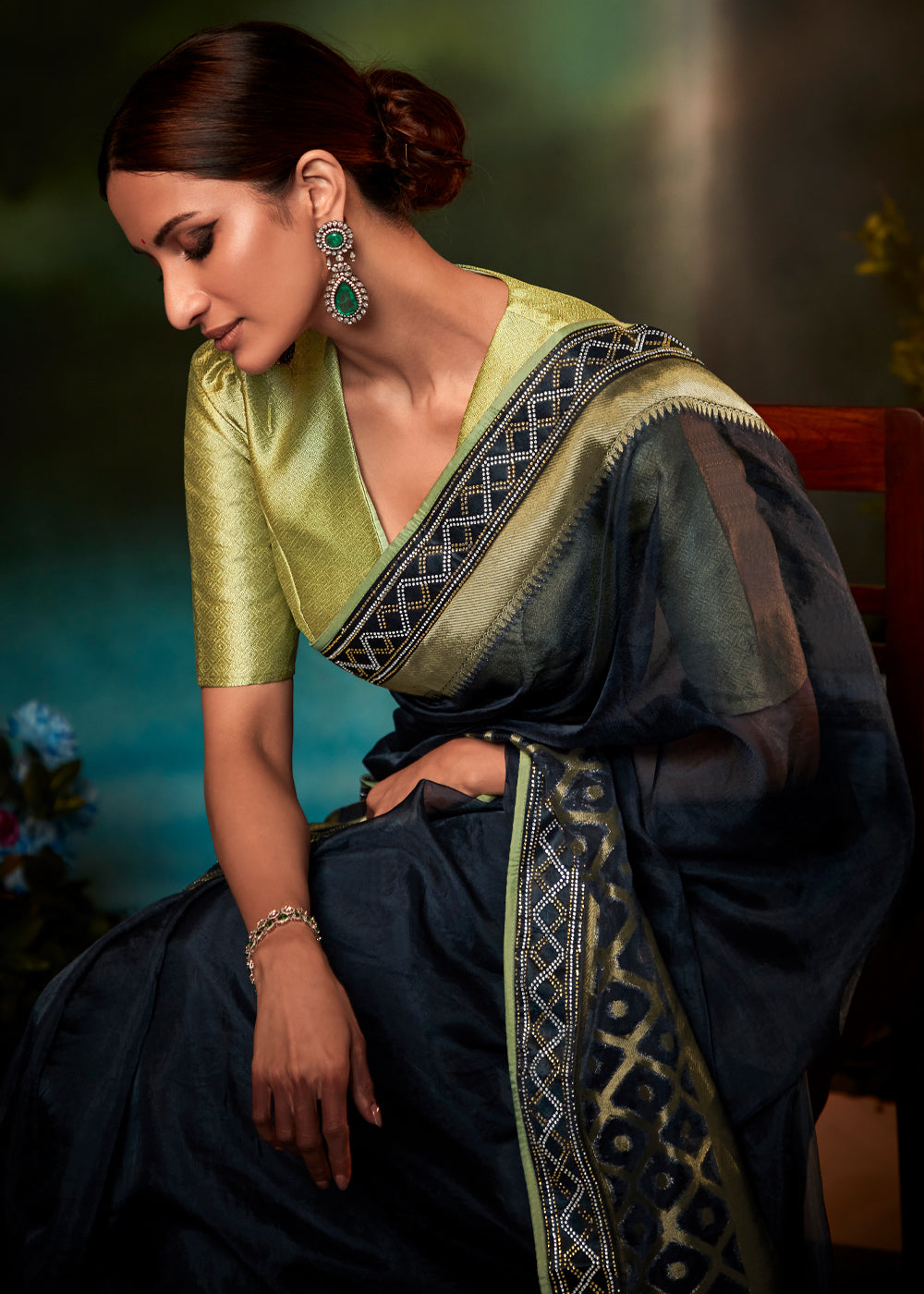 Woodsmoke Blue Woven Designer Organza Silk Saree