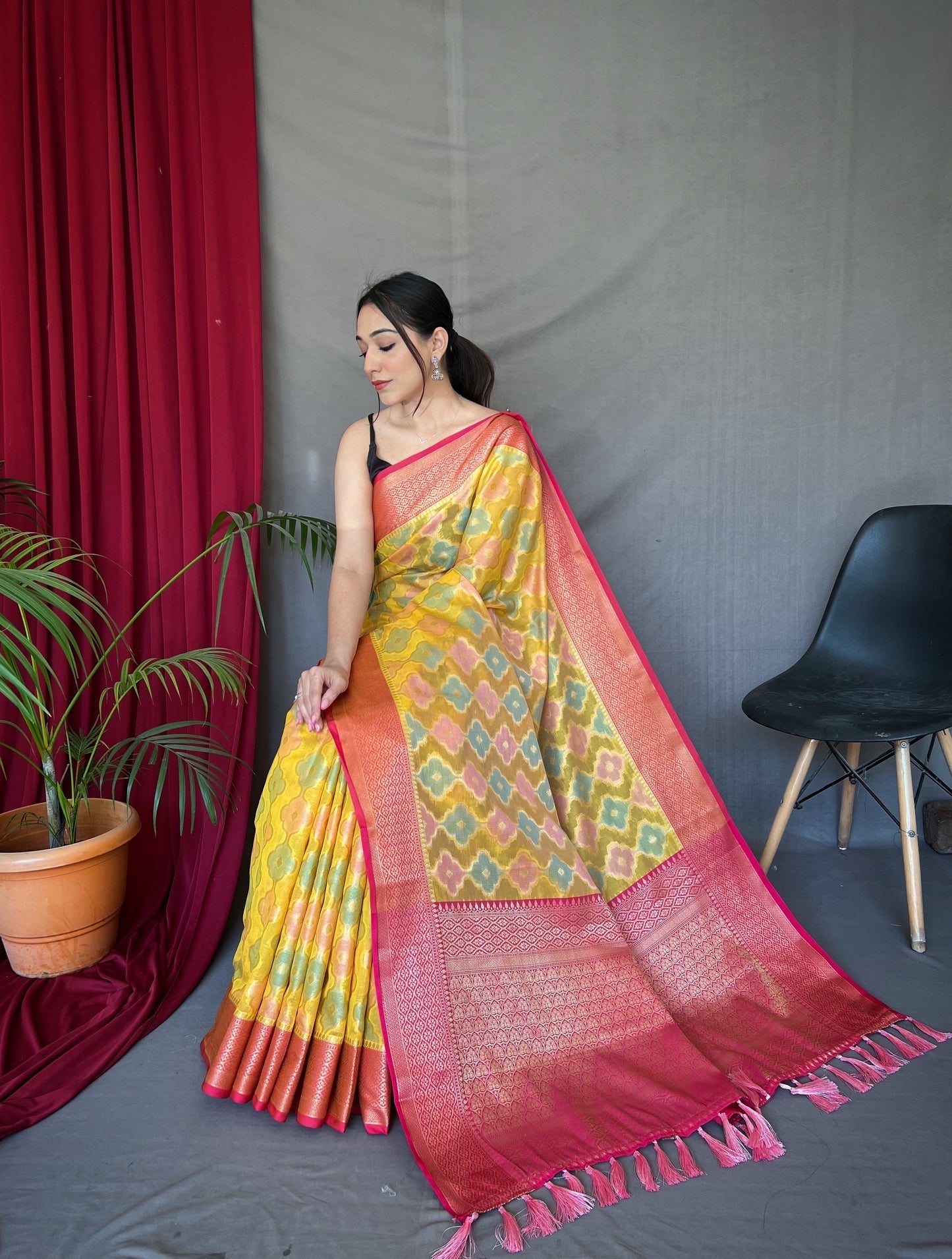 Sunglow Yellow Woven Organza Silk Saree