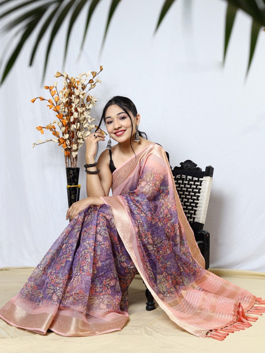 Melanie Lavender Organza Kalamkari Printed with Sequins Jacquard Woven Saree