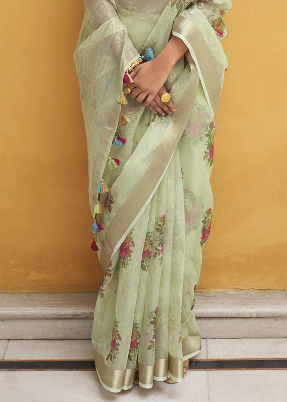 Beryl Green Digital Print Organza Silk Saree