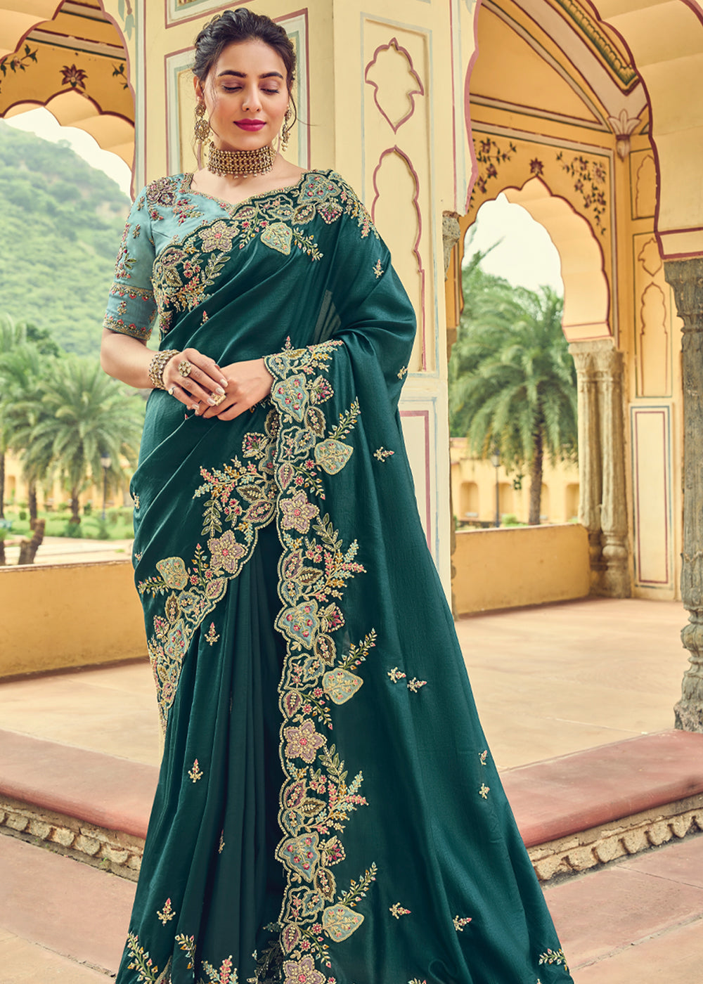 Firefly Green Designer Embroidered Satin Silk Saree