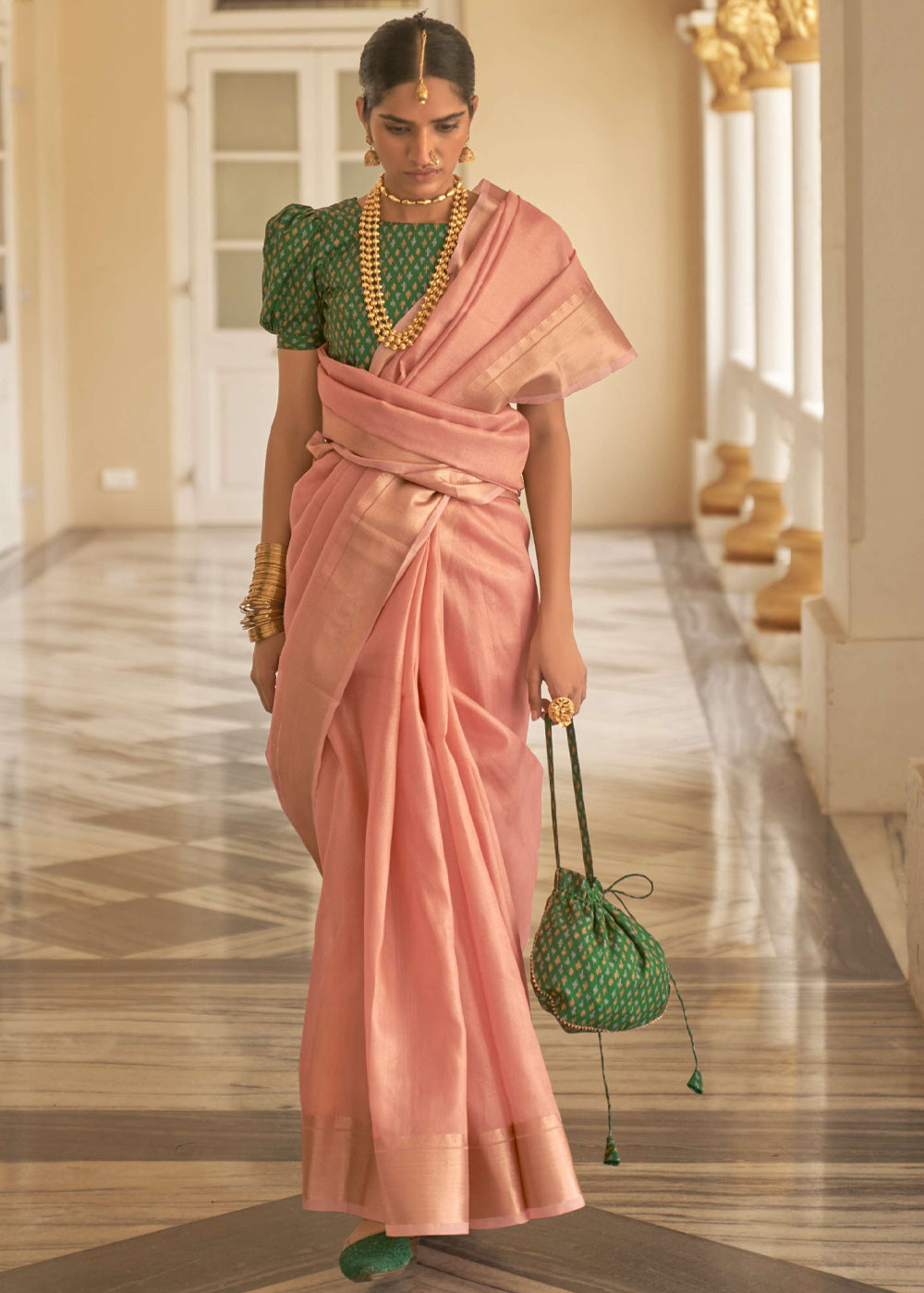 Wax Flower Pink and Green Organza Silk Saree